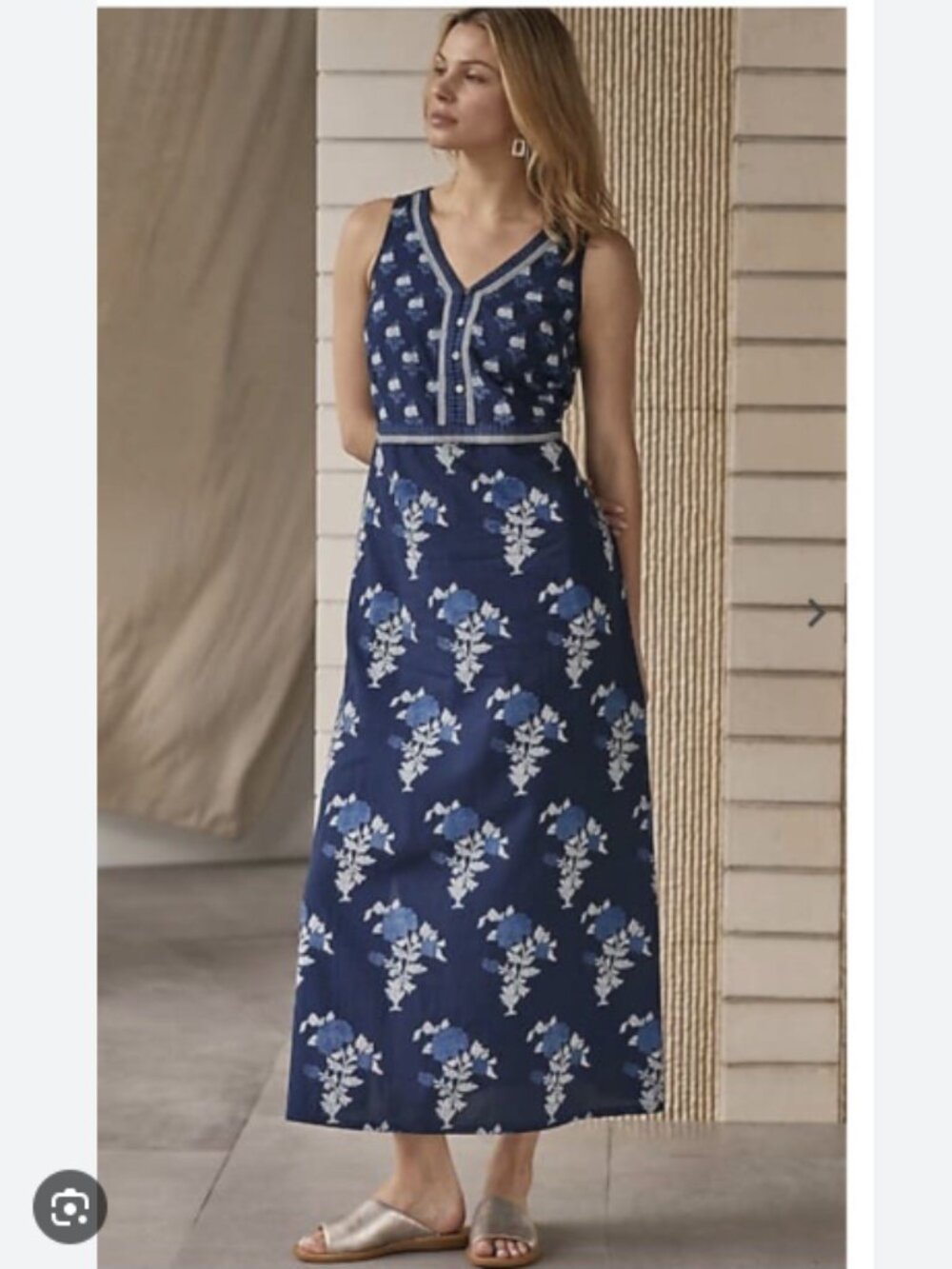 NEW J. JILL Pure Jill SZ MP Floral Print A-Line 100% Cotton Maxi Dress Boho Blue